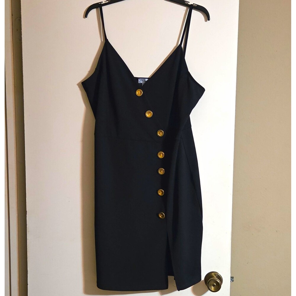 J for Justify Womenโs XL Black Solid V-Neck Button Front Sheath Knee Dress